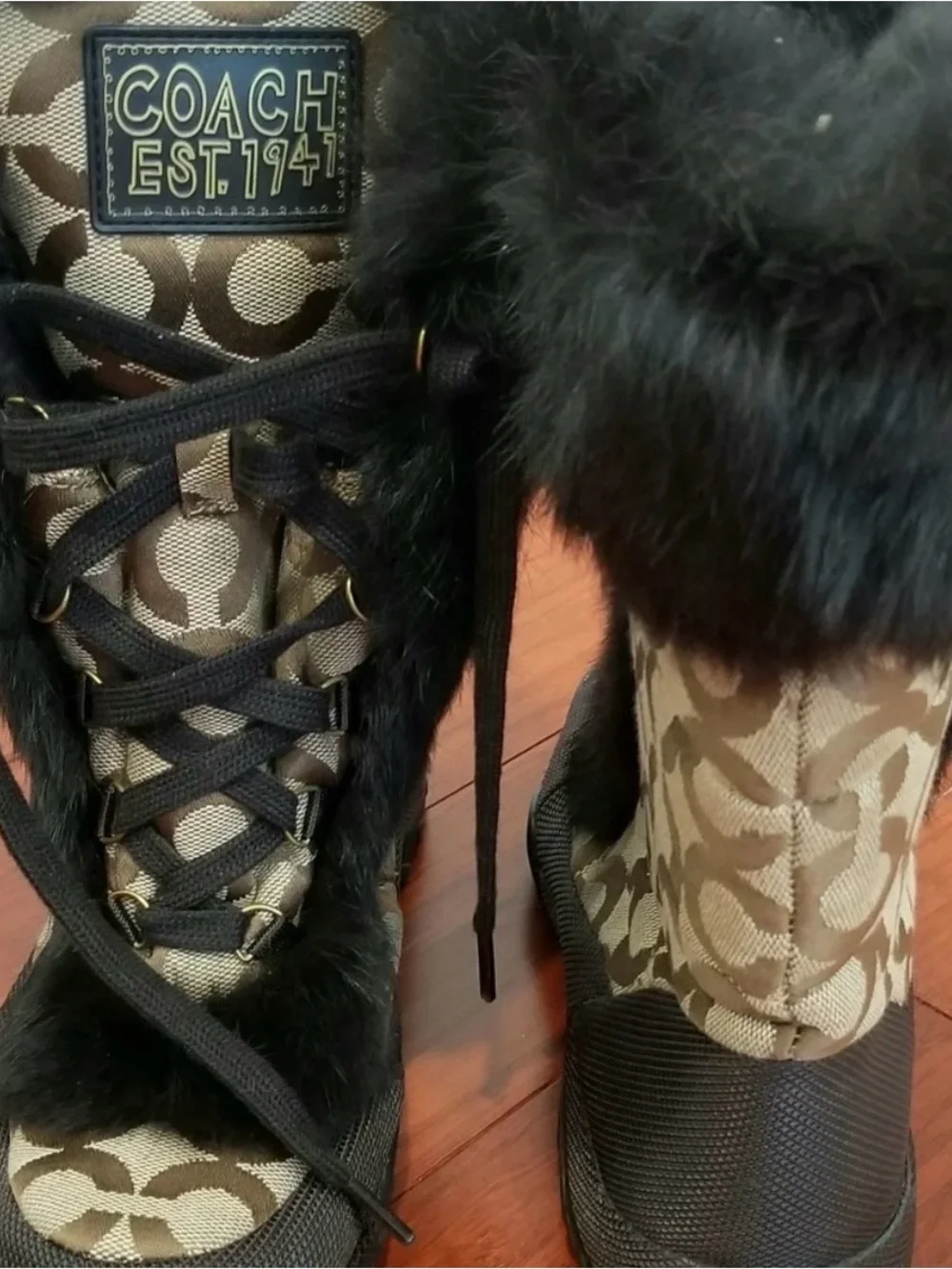Coach Brown Signature Monogram Winter Boots with Black Fur Trim